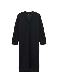 Černé šaty s dlouhým rukávem a výstřihem do V, vyrobené z měkkého materiálu. Design je rovného střihu s uvolněným střihem a bez viditelných zapínání.