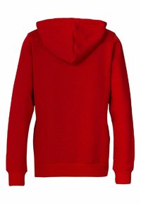 Felpa rossa con cappuccio, in misto cotone, presenta un cappuccio arrotondato, maniche lunghe, polsini e orlo a costine, texture liscia e senza loghi o motivi visibili.