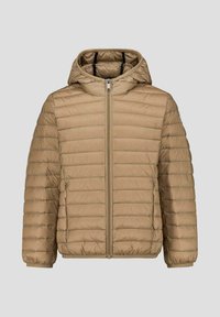 Beige gewatteerd jack met een ritssluiting aan de voorkant en een capuchon. Heeft horizontale doorgestikte delen en elastische manchetten. Glad, lichtgewicht materiaal.