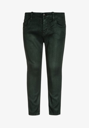 Ciemnozielone, dopasowane jeansy o gładkiej, błyszczącej fakturze, z pięcioma kieszeniami, zapięciem na guziki z przodu oraz subtelnymi detalami przeszyć.