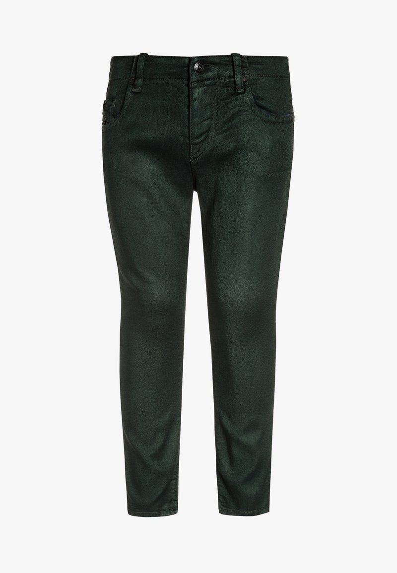 Ciemnozielone, dopasowane jeansy o gładkiej, błyszczącej fakturze, z pięcioma kieszeniami, zapięciem na guziki z przodu oraz subtelnymi detalami przeszyć.