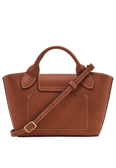 Brown textured leather handbag with top handles and an adjustable shoulder strap, featuring contrast stitching and a structured shape.