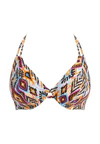 Multikleurige bikini-top met een tribalpatroon in roze, oranje, blauw en zwart. Voorzien van verstelbare bandjes en een driehoekige vorm.