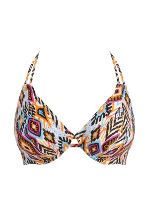 Multikleurige bikini-top met een tribalpatroon in roze, oranje, blauw en zwart. Voorzien van verstelbare bandjes en een driehoekige vorm.