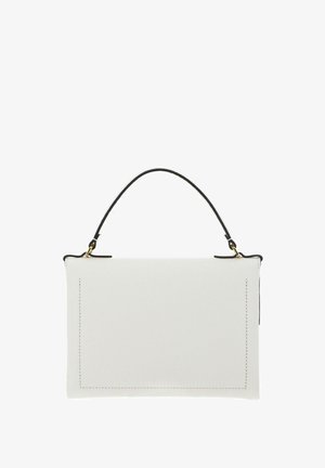 Sac à main rectangulaire blanc avec bordure noire, ferrures dorées et une seule poignée noire arquée sur le dessus.