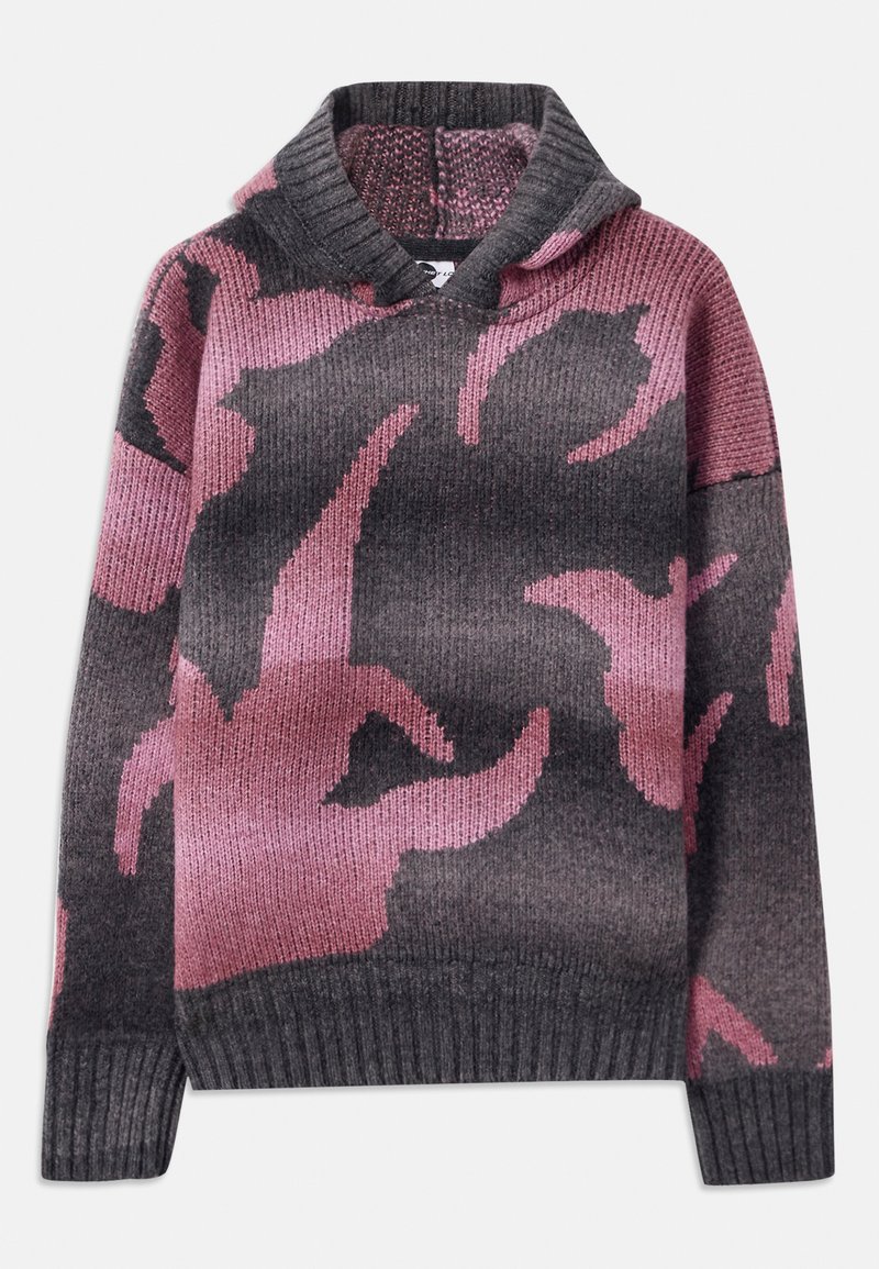 Suéter de punto con capucha, en una mezcla de colores gris y rosa, con un patrón de formas abstractas. Puños y dobladillo acanalados.