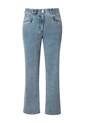 Jeans color azzurro chiaro a gamba dritta in materiale denim con cintura elastica, tasche frontali e dettagli cuciti sottili lungo le cuciture.