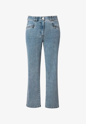 Lichtblauwe recht gesneden jeans van denim met een rekbare tailleband, voorzakken en subtiele stikseldetails langs de naden.