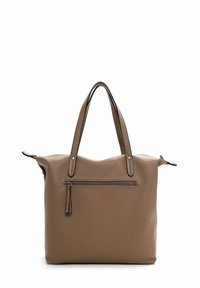 Brown leather tote bag with textured finish, dual handles, and a front zip pocket. Features silver-tone hardware and a minimalistic design.