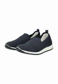 Scarpe slip-on navy con tomaia in maglia testurizzata, gomma bianca e suola nera. Presentano un'elegante linguetta sul tallone e dettagli a motivo chevron.