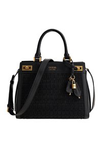 Borsa a mano nera strutturata con texture intrecciata, dettagli in metallo dorato, manici superiori robusti e tracolla rimovibile. Presenta il logo e un ciondolo.