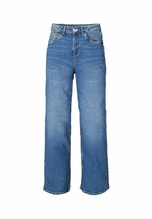 Jean denim bleu à jambes larges avec taille haute, bouton à l'avant et design à cinq poches, présenté sur fond blanc.