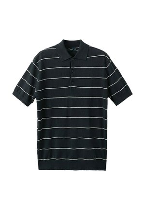 Polo à manches courtes noir avec des rayures horizontales blanches et trois boutons noirs le long de la patte de boutonnage avant.