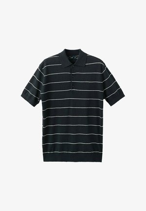 Schwarzes Polohemd mit kurzen Ärmeln, weißen horizontalen Streifen und drei schwarzen Knöpfen entlang der vorderen Knopfleiste.