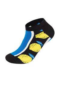 Schwarze Knöchelsocke mit blauem, weißem und gelbem Zitronenmuster. Weiches Strickmaterial, eng anliegender Bund und ein lebendiger Farbkontrast im Design.