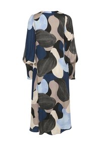 Long dress featuring abstract shapes in navy, light blue, black, and beige hues. Soft fabric, puffed sleeves, and smocked cuffs.