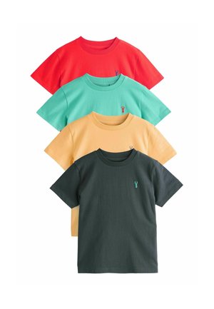 Vier Baumwoll-T-Shirts gestapelt: rot, türkis, gelb und dunkelgrün, jeweils mit einem kleinen, auf die Brust gestickten Hummer-Design.