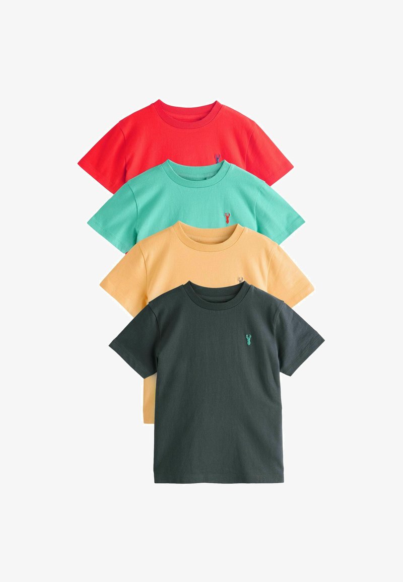 Montón de cuatro camisetas de manga corta con cuello redondo en rojo, verde azulado, amarillo y gris oscuro, cada una con un pequeño logotipo de langosta en el pecho izquierdo.