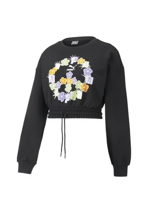 Sort cropped sweatshirt med elastik i taljen, lange ærmer og farverigt blomstret fredstegnsgrafik med Puma-logo på brystet.