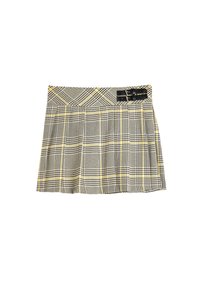 Jupe plissée à carreaux gris avec des accents jaunes, présentant un détail de boucle noire au niveau de la taille. Fabriquée à partir d'un tissu texturé.