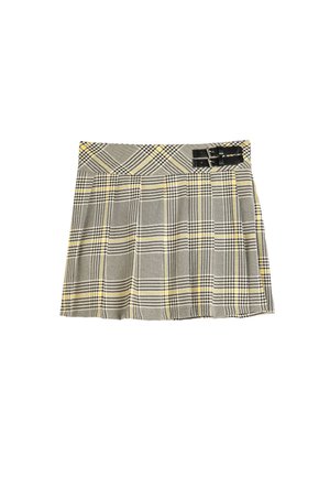 Grijs geruite geplooide rok met gele accenten, voorzien van een zwarte gesp detail op de tailleband. Gemaakt van een gestructureerde stof.