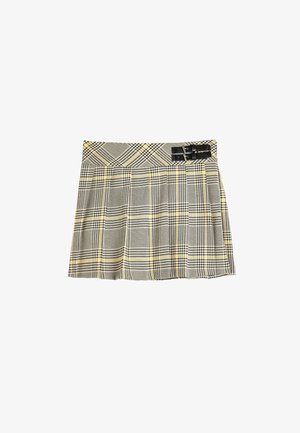 Gray plaid pleated skirt with yellow accents, featuring a black buckle detail on the waistband. Made from a textured fabric.
