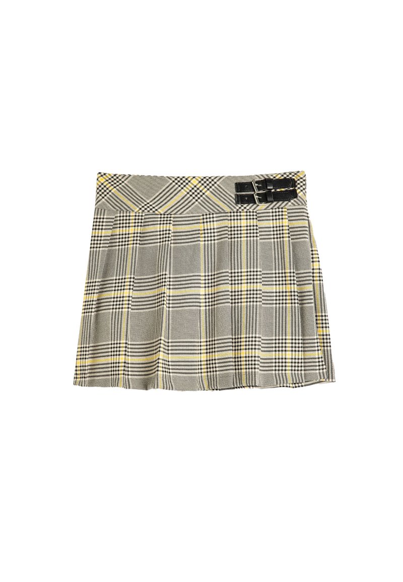 Jupe plissée à carreaux gris avec des accents jaunes, présentant un détail de boucle noire au niveau de la taille. Fabriquée à partir d'un tissu texturé.