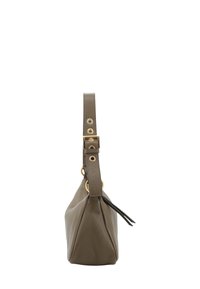 Brown leather shoulder bag with a structured silhouette, a textured finish, an adjustable strap with gold hardware, and a decorative tassel.
