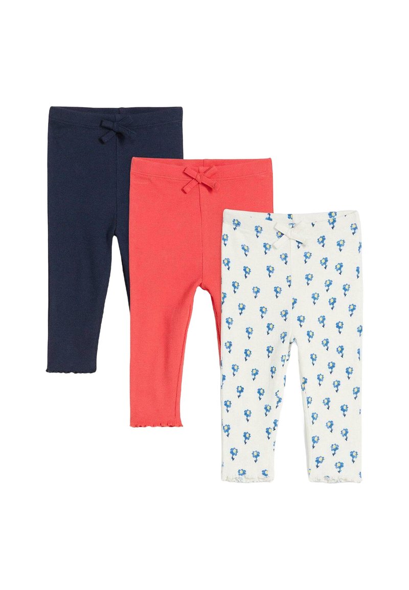 Tre paia di leggings: uno blu navy, uno corallo e uno bianco con motivo floreale blu. Cotone morbido, design aderente e cintura elastica.