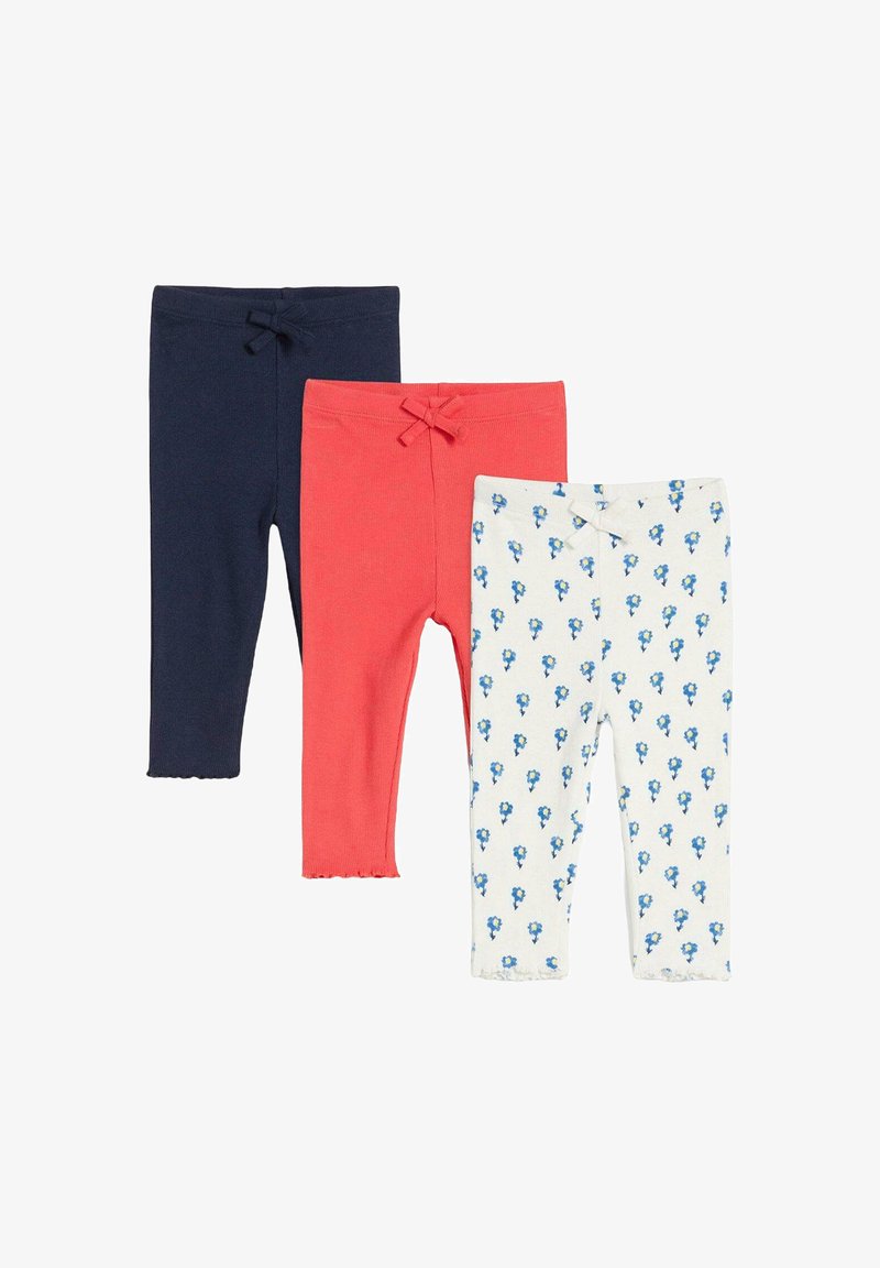 Tre paia di leggings: uno blu navy, uno corallo e uno bianco con motivo floreale blu. Cotone morbido, design aderente e cintura elastica.