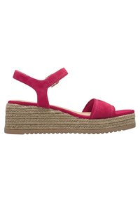 Růžové semišové sandály na klínu s kotníkovým páskem, jutiovou výpletem ve stylu espadrille a texturovanou gumovou podrážkou. Hladký povrch a otevřený design.
