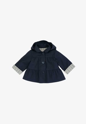 Giacca per bambini di colore blu navy con cappuccio, tre bottoni frontali e polsini e foderi del cappuccio a righe.