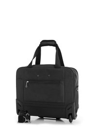 Borsa per laptop con ruote nere, realizzata in tessuto resistente, maniglie doppie, tracolla removibile, tasca frontale con zip e base con ruote fluide.