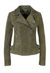 Olive green suede motorcycle jacket with a notched collar, asymmetrical zip, and zippered pockets; features buckle accents at the sides.