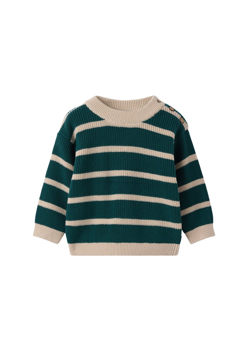 Peutertrui met teal en beige horizontale strepen, beige geribde kraag, manchetten, zoom en drie beige knopen op de linkerschouder.