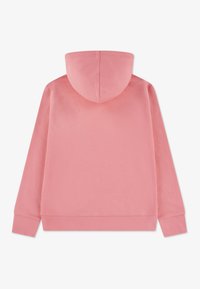 Ροζ φούτερ με κουκούλα και μακριά μανίκια, κατασκευασμένο από απαλό ύφασμα. Διαθέτει τσέπη καγκουρό και ριμπ μανσέτες και τελείωμα. Απλό σχέδιο, χωρίς μοτίβα.