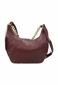Borsa a spalla in pelle borgogna con finitura texturizzata, accentuazione di catena dorata, tracolla singola e chiusura a zip nella parte superiore.
