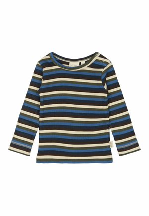 Langärmliges gestreiftes Shirt aus geripptem Stoff, mit blauen, grünen, braunen und cremefarbenen Streifen. Enthält Druckknopfdetails an der Schulter.