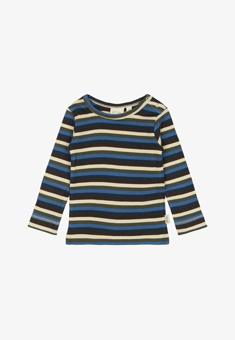 Hosszú ujjú, csíkos ing bordázott anyagból, kék, zöld, barna és krém színű csíkokkal. Vállán patentos részletekkel rendelkezik.