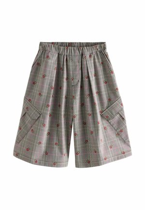 Pantaloni scurți gri în carouri cu talie elastică, buzunare cargo laterale și mici imprimeuri florale roșii pe material cu linii subțiri roz.