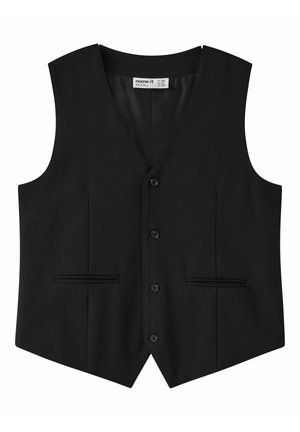 Gilet formel noir avec col en V, quatre boutons sur le devant et deux poches passepoilées, taille pour enfants ou jeunes.