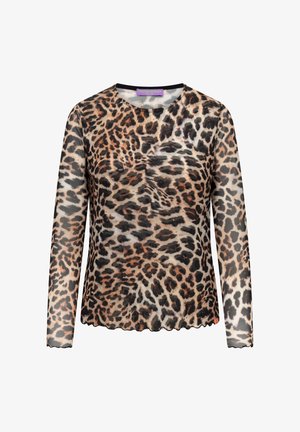 Top z długim rękawem z przezroczystej siateczki w wzór lamparta, z okrągłym dekoltem i delikatnie falowanymi krawędziami przy mankietach i dolnym brzegu.