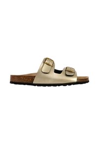 Two-toned metallic gold slide sandals with dual adjustable buckles, cork footbed, and black rubber outsole. Flat profile with open toe design.