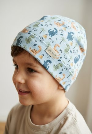 Young child wearing a light blue beanie with multicolored dinosaur and palm tree patterns, smiling and looking to the side.