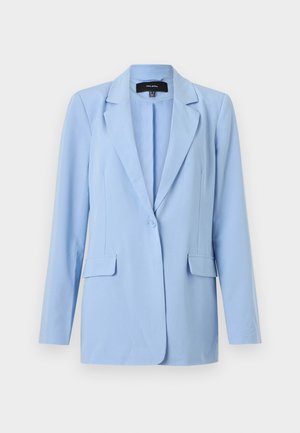 Ανοιχτόγαλάζιο σακάκι με ένα κουμπί, γιακά με σχισμές, μακριά μανίκια και δύο εμπρόσθιες τσέπες με καπάκι.