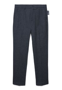 Pantaloni formali grigio scuro con passanti per cintura, chiusura con bottone e tasche laterali, esposti su uno sfondo bianco.