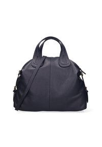 Borsa in pelle nera con doppi manici e una lunga tracolla regolabile, design arrotondato e texture sottile su sfondo bianco.