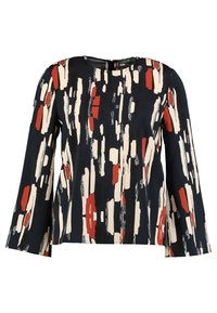  Marinblå blus med ett djärvt, abstrakt mönster i vitt och rött. Den har långa ärmar och en rund halsringning med en slät textur.