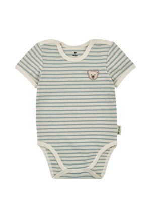 Kurzärmliger Baby-Body mit hellblauen und weißen horizontalen Streifen und einem kleinen, auf der Brust aufgestickten Teddybärgesicht.
