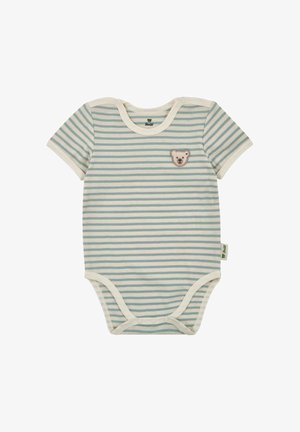 Kurzärmliger Baby-Body mit hellblauen und weißen horizontalen Streifen und einem kleinen, auf der Brust aufgestickten Teddybärgesicht.